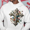 十字架 スピリチュアル キリスト 花 イエス 信仰 十字架 十字架 長袖tシャツ パーカー 面白い贈り物