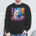 「お花畑のルディ猫」 油絵風ファンタジーアート 綺麗 かわいい オッドアイ リアル スウェットシャツ 高齢者への贈り物
