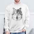 オオカミの顔 青い目 美的スマッジアートスタイル 野生動物 スウェットシャツ 高齢者への贈り物