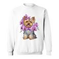 花を持つヨークシャー テリア 長袖tシャツ スウェットシャツ