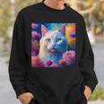「お花畑のルディ猫」 油絵風ファンタジーアート 綺麗 かわいい オッドアイ リアル スウェットシャツ 彼への贈り物