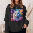 「お花畑のルディ猫」 油絵風ファンタジーアート 綺麗 かわいい オッドアイ リアル スウェットシャツ 彼女への贈り物
