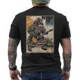 エレキギターを弾く日本の侍猫 浮世墨アート メンズTシャツ バックプリント