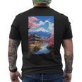 寺と富士山のある日本の風景 メンズTシャツ バックプリント