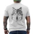 オオカミの顔 青い目 美的スマッジアートスタイル 野生動物 メンズTシャツ バックプリント