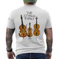 弦楽ファミリー、ヴァイオリン、チェロ、コントラバスミュージシャン面白い メンズTシャツ バックプリント