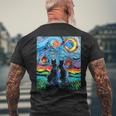 Aja 星月夜に2匹の黒猫 カラフルアート メンズTシャツ バックプリント 高齢者への贈り物