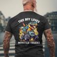 This Boy Loves Monster Trucks 恐竜モンスタートラック メンズTシャツ バックプリント 高齢者への贈り物