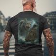 クラーケンの海の怪獣が海に潜る海賊船を襲う巨大猫 メンズTシャツ バックプリント 高齢者への贈り物