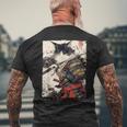 サムライ 猫戦士 浮世 墨絵 猫 サムライ メンズTシャツ バックプリント 高齢者への贈り物