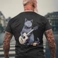 ミュージシャン ロシアンブルー猫 ギタリスト 猫とギター メンズTシャツ バックプリント 高齢者への贈り物