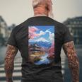 寺と富士山のある日本の風景 メンズTシャツ バックプリント 高齢者への贈り物