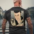 歌舞伎 演劇 俳優 サムライ 俊泉 日本のビンテージアート メンズTシャツ バックプリント 高齢者への贈り物