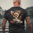 空手犬のチワワがラーメンを食べる、日本、面白いラーメン メンズTシャツ バックプリント 高齢者への贈り物