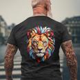雄大なライオンヘッド 赤、黄、青の芸術的なたてがみ メンズTシャツ バックプリント 高齢者への贈り物