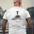 Rio De Janeiro リオデジャネイロのスカイライン イエスキリストの像 ブラジル 愛 メンズTシャツ バックプリント 高齢者への贈り物