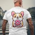 かわいいコーギーのドーナツを持つ漫画の犬愛好家アートキッズ。 メンズTシャツ バックプリント 高齢者への贈り物