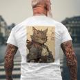 ヴィンテージ 日本の風景 侍 猫 漢字 Art Back メンズTシャツ バックプリント 高齢者への贈り物