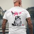 日本の墨絵マンチキン猫 桜 桜アート メンズTシャツ バックプリント 高齢者への贈り物