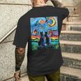 Aja 星月夜に2匹の黒猫 カラフルアート メンズTシャツ バックプリント 彼への贈り物