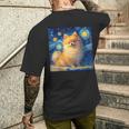 かわいいポメラニアン犬 星月夜 ヴィンセント・ヴァン・ゴッホ絵画 メンズTシャツ バックプリント 彼への贈り物