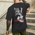 エレキギターを弾くロックキャット 面白い猫ニャーパロディショー メンズTシャツ バックプリント 彼への贈り物