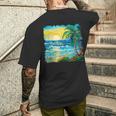 トロピカルビーチ 太陽 オーシャン ヤシの木 ゴッホスタイル アートデザイン メンズTシャツ バックプリント 彼への贈り物