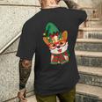 メリークリスマス かわいいオタクウェールズコーギー エルフの帽子とスカーフ付き メンズTシャツ バックプリント 彼への贈り物