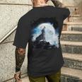 宇宙空間 オオカミ 月に遠吠えするオオカミ メンズTシャツ バックプリント 彼への贈り物