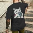 旅行や写真を撮るのに最適なカメラ猫。 メンズTシャツ バックプリント 彼への贈り物