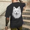 日本スピッツ 犬 モチーフ ペットアート 青い目 日本スピッツ メンズTシャツ バックプリント 彼への贈り物