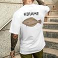 Hirame ヒラメ 平目 鮃 魚好き 願掛け 釣り好き 海釣り 趣味 おもしろ 寿司ネタ 趣味釣り 船釣り 釣り メンズTシャツ バックプリント 彼への贈り物