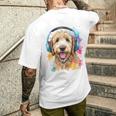 ゴールデンドゥードル、ヘッドフォン、犬、動物プリント メンズTシャツ バックプリント 彼への贈り物