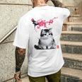 日本の墨絵マンチキン猫 桜 桜アート メンズTシャツ バックプリント 彼への贈り物