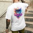 猫 花 カラフル かわいい アート 動物好き グラフィック 猫 メンズTシャツ バックプリント 彼への贈り物