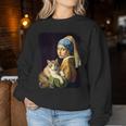 Girl With A Pearl Earring And A Cat 名画パロディ アート猫 レディーススウェットシャツ 面白い贈り物