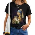 Girl With A Pearl Earring And A Cat 名画パロディ アート猫 レディースTシャツ