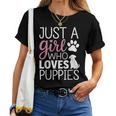 子犬 女の子 犬好き キュート ピンク 足跡プリント デザイン レディースTシャツ