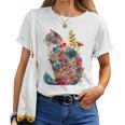 カラフル 花 猫 レディースTシャツ