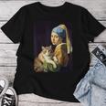 Girl With A Pearl Earring And A Cat 名画パロディ アート猫 レディースTシャツ 面白い贈り物