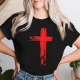 タトゥーレッドクロスオーダー I Christian I Brushtroke I Cross レディースTシャツ 彼女への贈り物