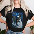 星月夜のパピヨン 絵画 犬 お母さん お父さん レディースTシャツ 彼女への贈り物