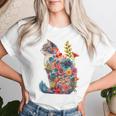 カラフル 花 猫 レディースTシャツ 彼女への贈り物