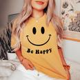 Be Happy Groovy スマイルフェイス かわいい ハッピーピース スマイルフェイス レディースオーバーサイズコンフォートTシャツ Mustard