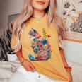 カラフル 花 猫 レディースオーバーサイズコンフォートTシャツ Mustard