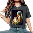 Girl With A Pearl Earring And A Cat 名画パロディ アート猫 レディースオーバーサイズコンフォートTシャツ Pepper