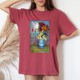 ヴィンセント・ヴァン・ゴッホの花 青い花瓶のヴィンテージ 美術品 レディースオーバーサイズコンフォートTシャツ Crimson