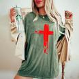 タトゥーレッドクロスオーダー I Christian I Brushtroke I Cross レディースオーバーサイズコンフォートTシャツ Moss