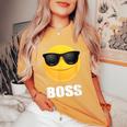 Girl & Boy Boss サングラス 顔文字シャツ クールな顔 レディースオーバーサイズコンフォートTシャツ Mustard