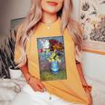 ヴィンセント・ヴァン・ゴッホの花 青い花瓶のヴィンテージ 美術品 レディースオーバーサイズコンフォートTシャツ Mustard